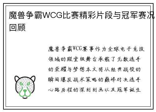 魔兽争霸WCG比赛精彩片段与冠军赛况回顾